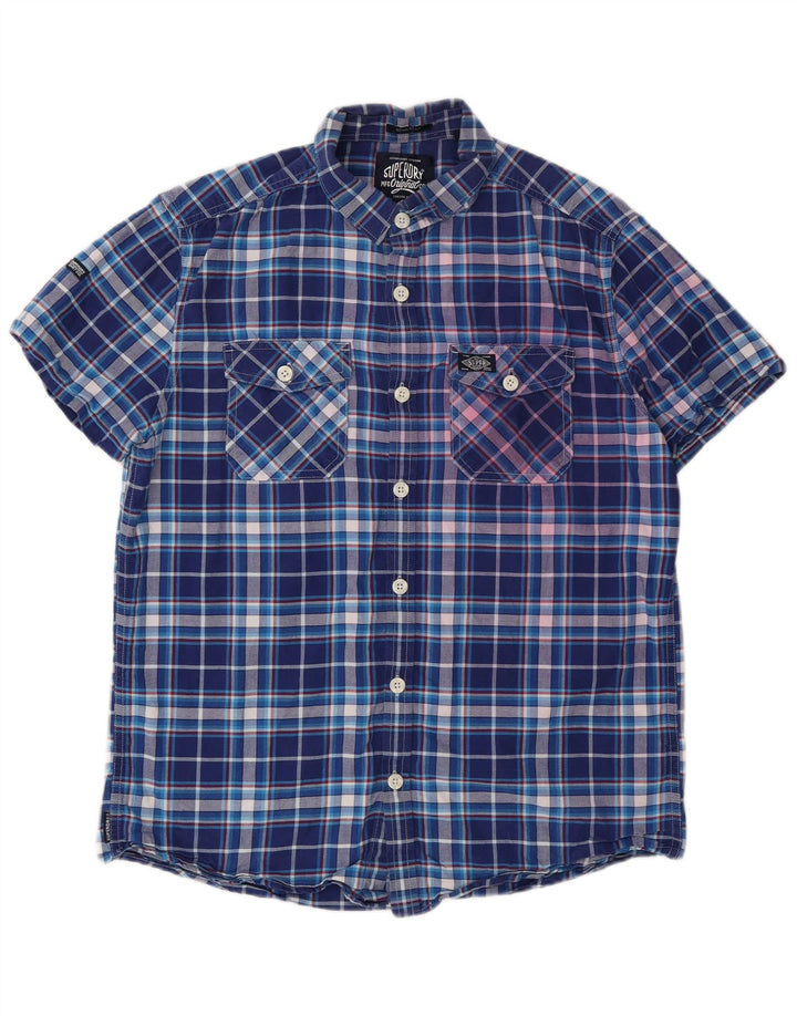 Superdry Chemise à Manches Courtes Homme Grand Carreau Bleu Coton