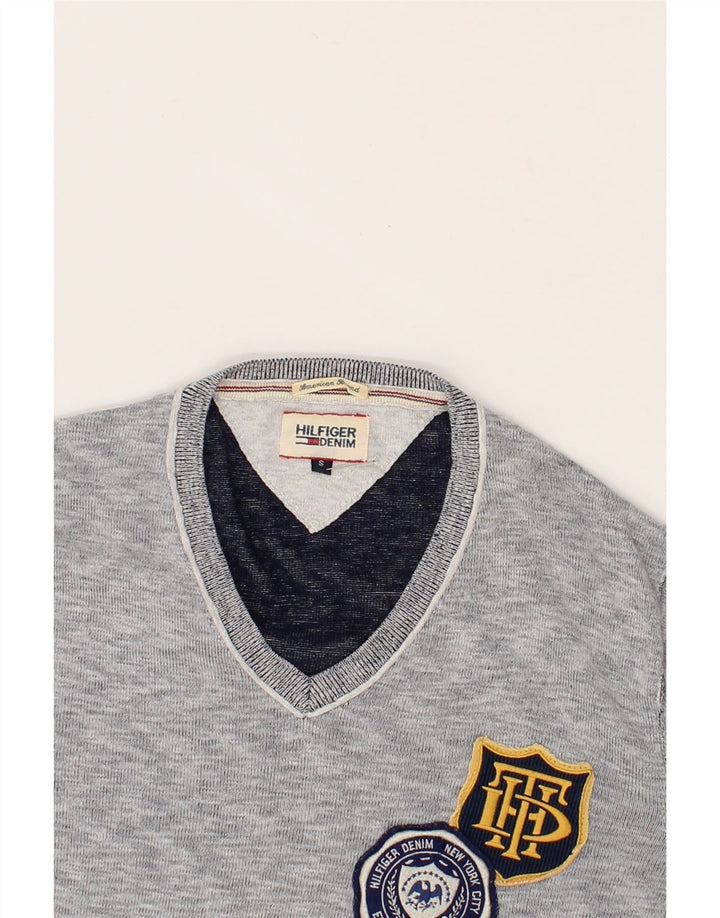TOMMY HILFIGER Mens V-Neck Jumper Sweater Small Grey Cotton Vintage Tommy Hilfiger and Second-Hand Tommy Hilfiger from Messina Hembry 