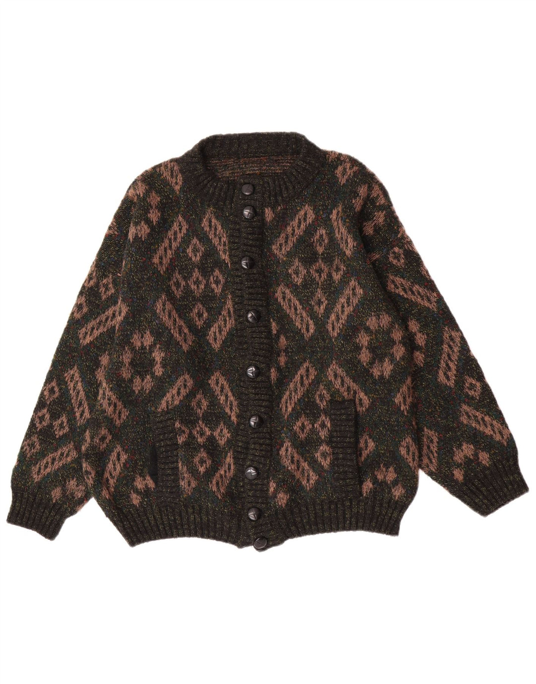 vintage Mens Cardigan Sweater Grande laine géométrique verte