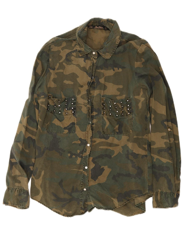 Zara Chemise en jean militaire pour femme UK 14 Large Vert Camouflage