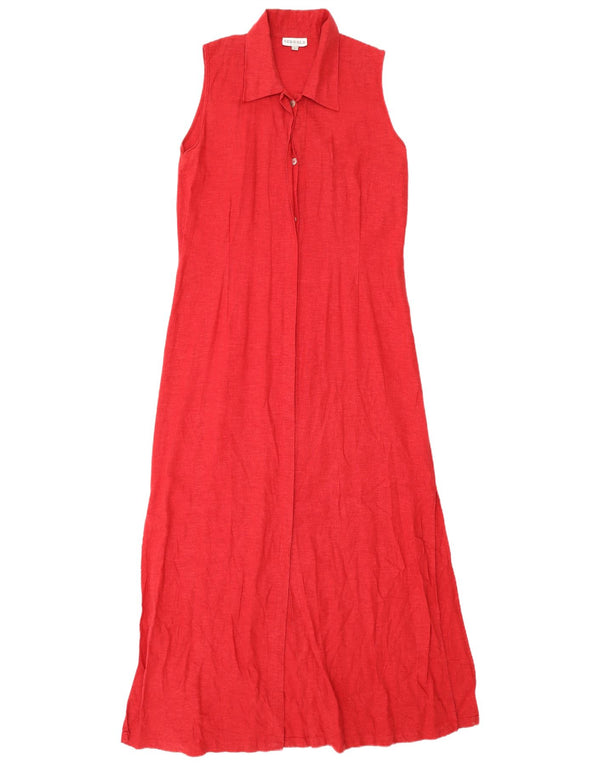 vintage Femmes Sans Manches Maxi Chemise Robe UK 14 Grand Lin Rouge