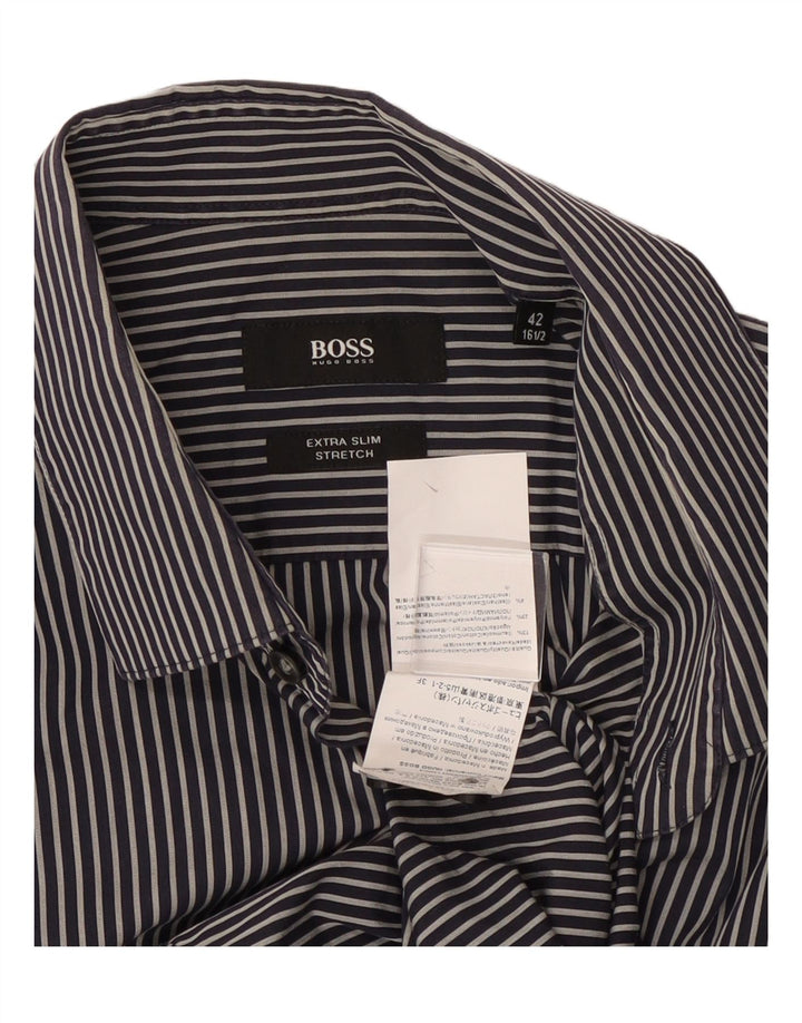 HUGO BOSS Chemise stretch pour homme Taille 42 16 1/2 Grandes rayures noires