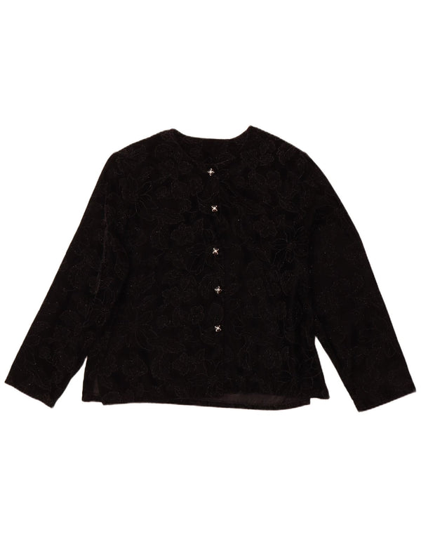 VINTAGE Femme Chemisier à manches longues Top UK 16 Grand Noir Floral