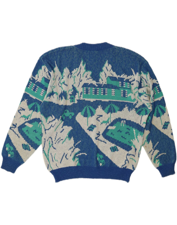 VINTAGE Pull à col en V à motif abstrait pour femme IT 52 2XL Bleu