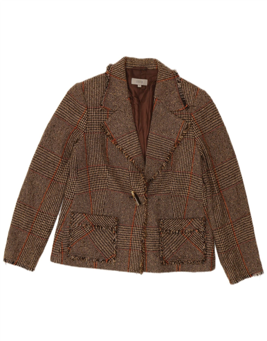 MARKS & SPENCER Veste Blazer Femme UK 14 Pied-de-Poule Marron Moyen