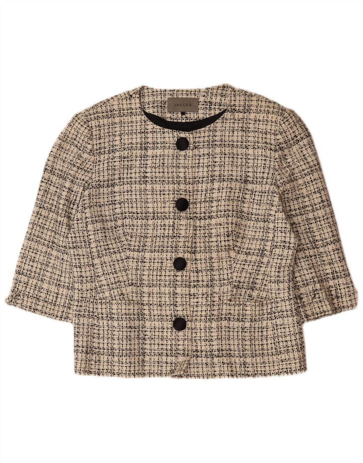 Jaeger Veste blazer à 4 boutons à manches 3/4 pour femme UK 16 Grand carreaux beiges