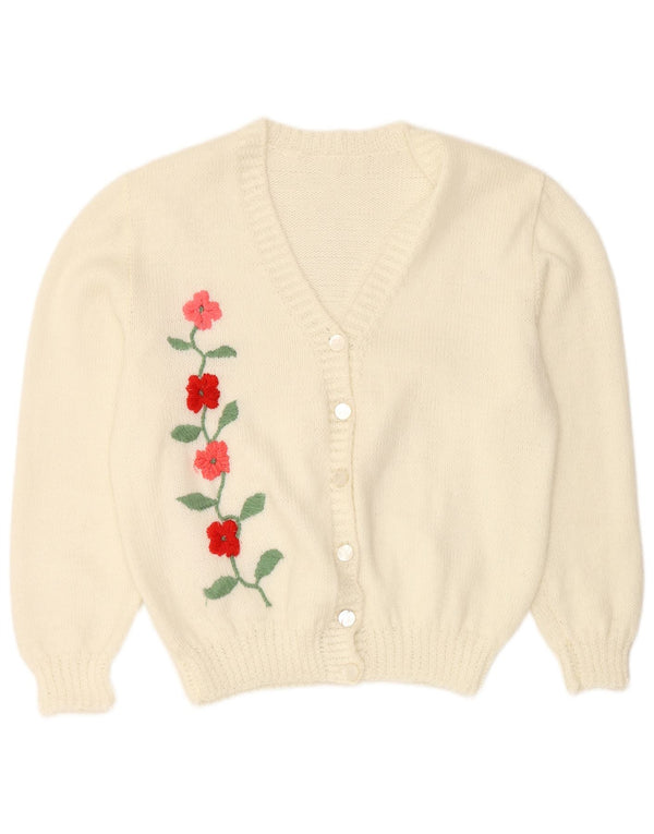 VINTAGE Femme Cardigan Pull UK 16 Grand Off White Floral