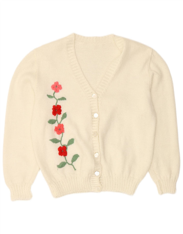 VINTAGE Femme Cardigan Pull UK 16 Grand Off White Floral