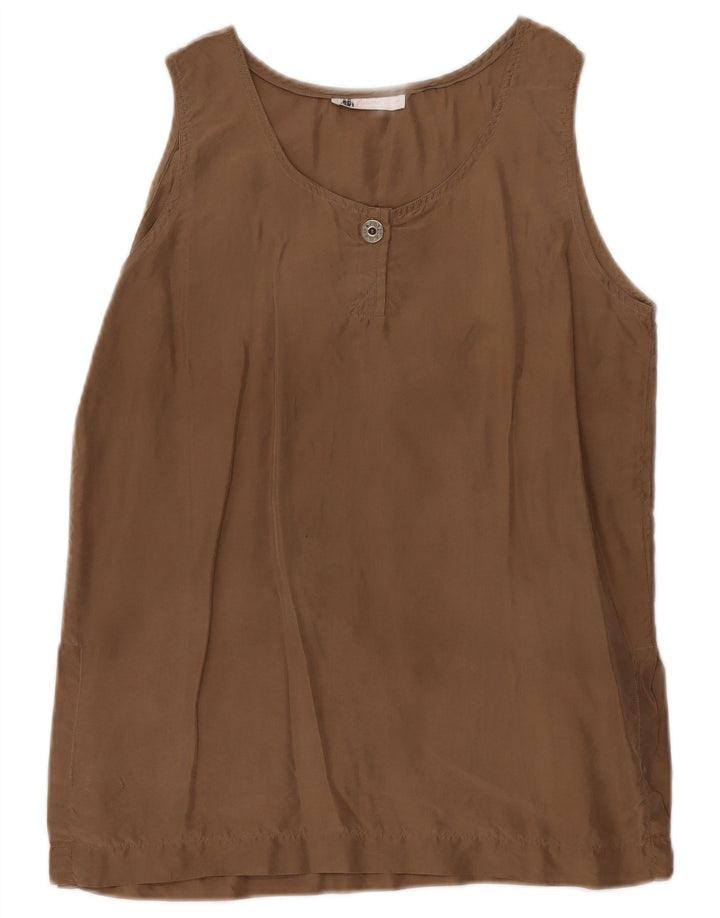 vintage Femme Blouse Sans Manches Top UK 10 Petite Soie Brune