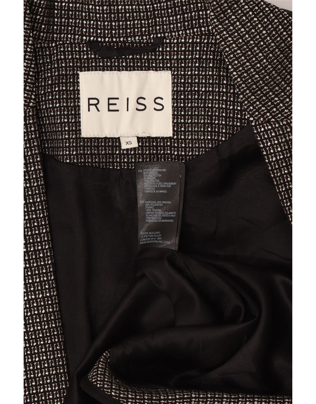 Reiss Veste Blazer Ouverte Femme UK 6 XS Noir Check Viscose