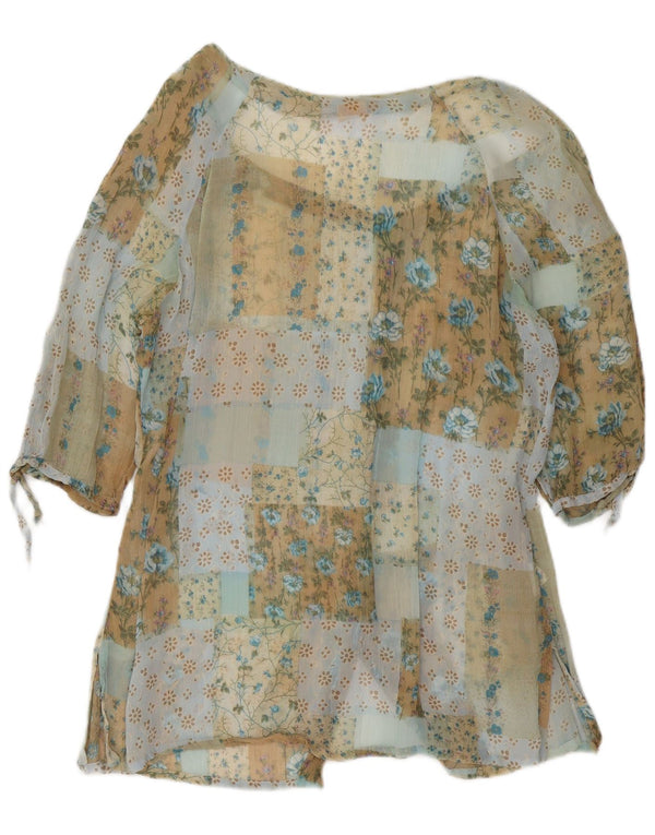 vintage Femmes 3/4 Manches Chemise Blouse UK 16 Grand Floral Multicolore