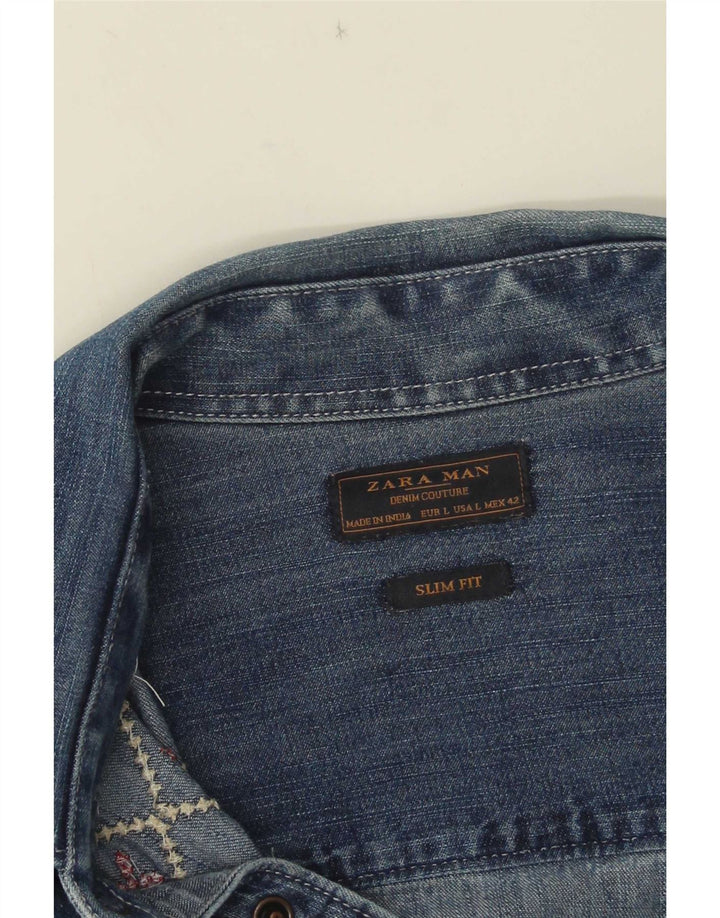 Zara Homme Chemise En Jean Coupe Slim Grand Bleu Géométrique