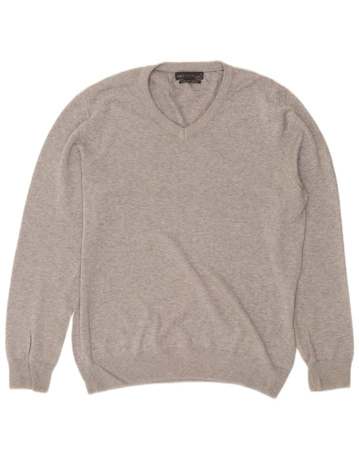 Marks & Spencer Pull Col V Homme Gris Moyen Moucheté Coton