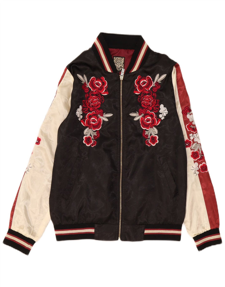 Biba Womens Graphic Bomber Jacket UK 8 Petit Noir Floral Polyester
