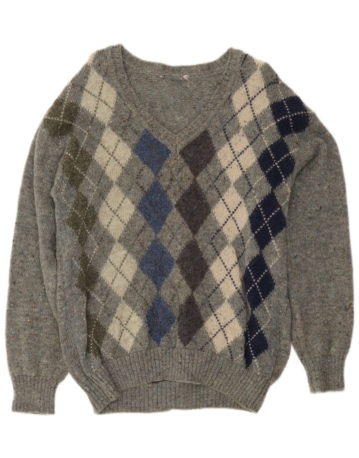 vintage Homme Col V Pull Pull Gris Moyen Argyle/Diamant Laine Vierge