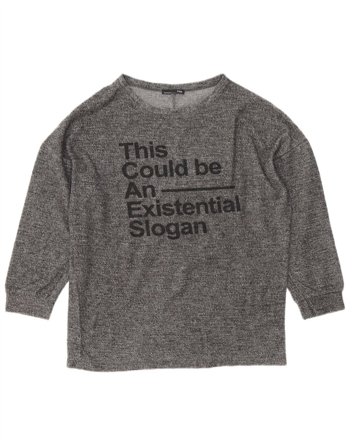 Zara Femme Haut Graphique Oversize Manches Longues UK 8 Petit Gris Moucheté