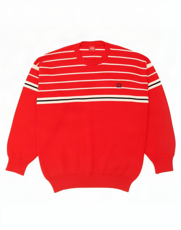 vintage Mens Crew Neck Jumper Pull Moyen Rouge Rayé Laine