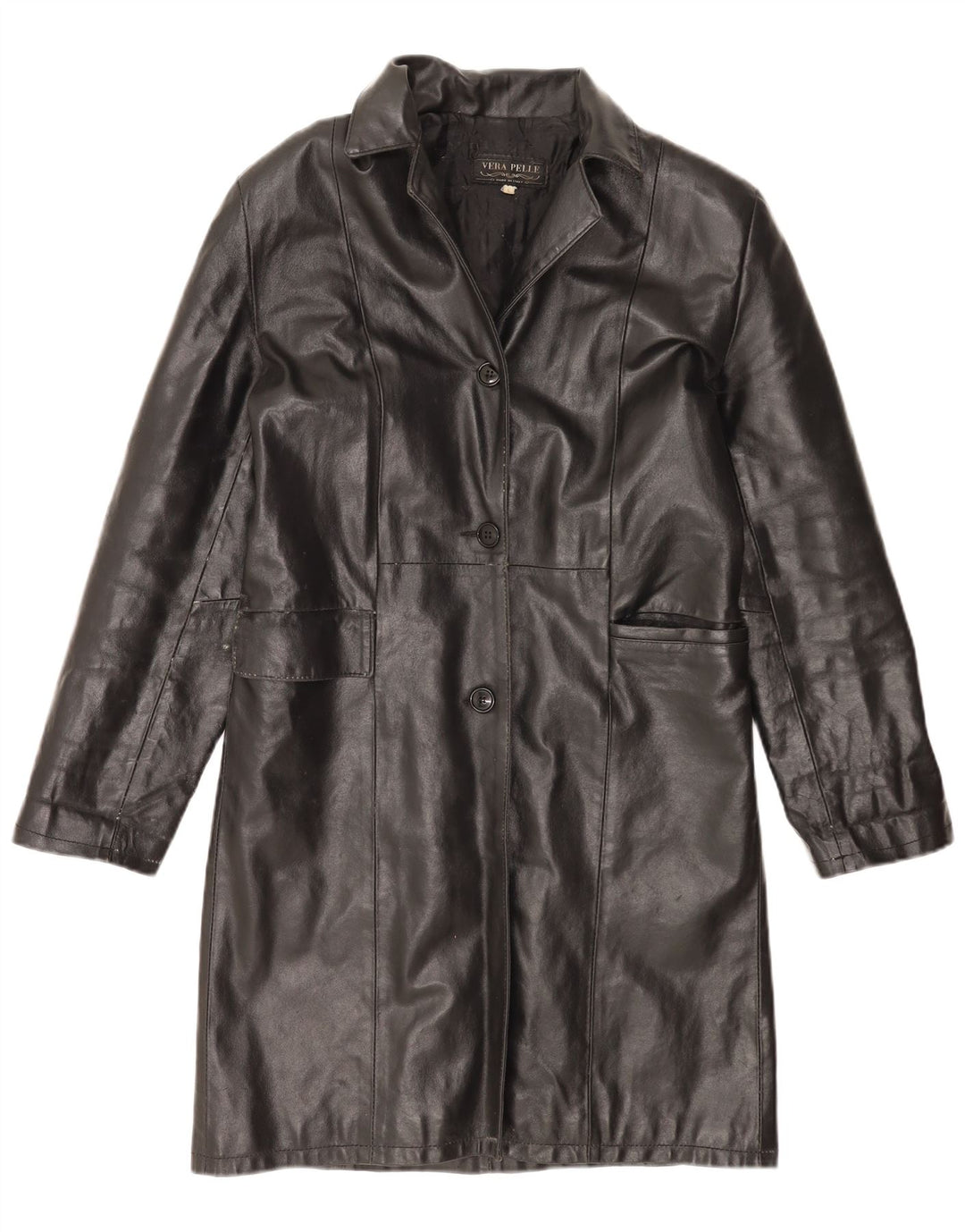 VINTAGE Manteau en cuir femme UK 16 Grand cuir noir