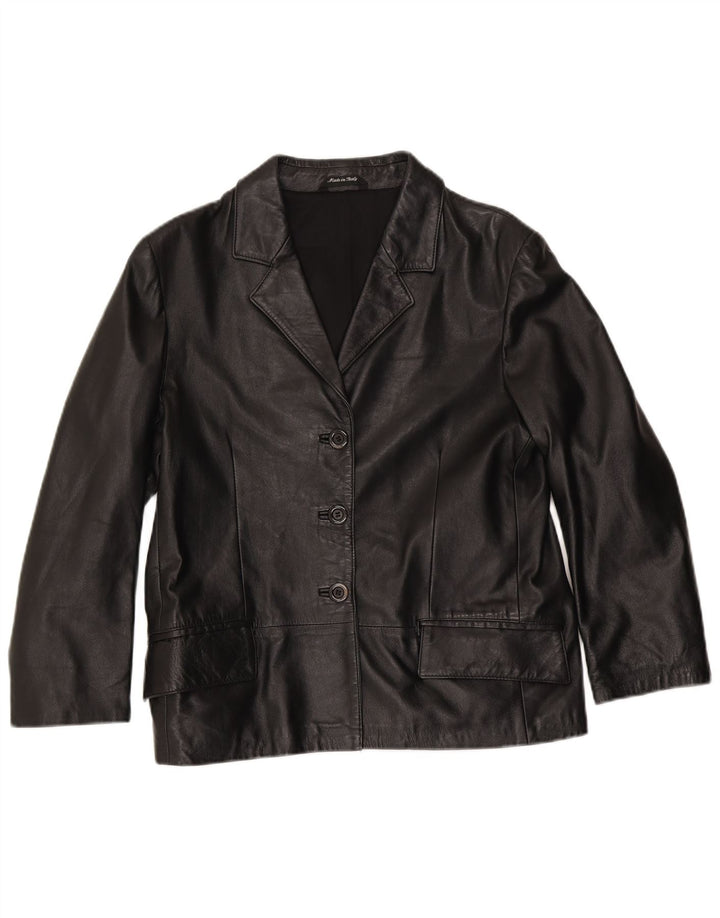 vintage Femme 3 Boutons Veste Blazer En Cuir IT 48 XL Cuir Noir