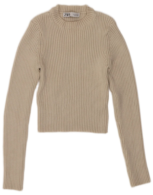 Zara Pull court à col rond pour femme UK 8 Small Beige Viscose