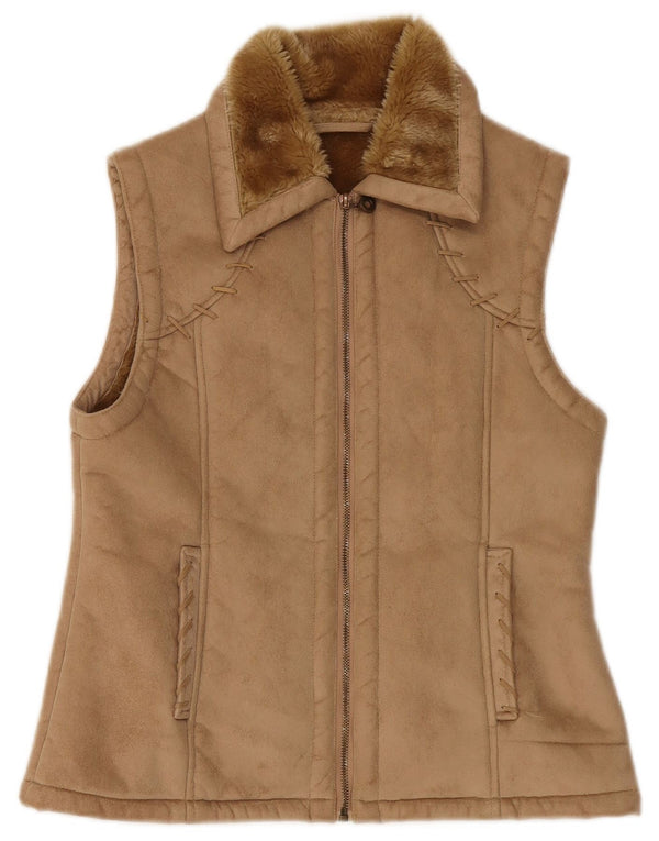 vintage Femmes Sherpa Gilet UK 12 Beige Moyen