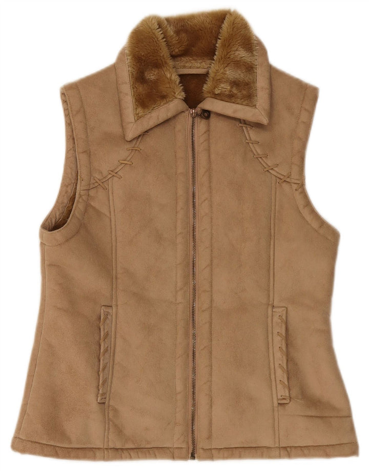 vintage Femmes Sherpa Gilet UK 12 Beige Moyen