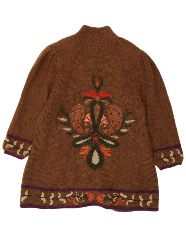 vintage Femmes Graphique Longline Cardigan Pull UK 14 Moyen Brun Floral