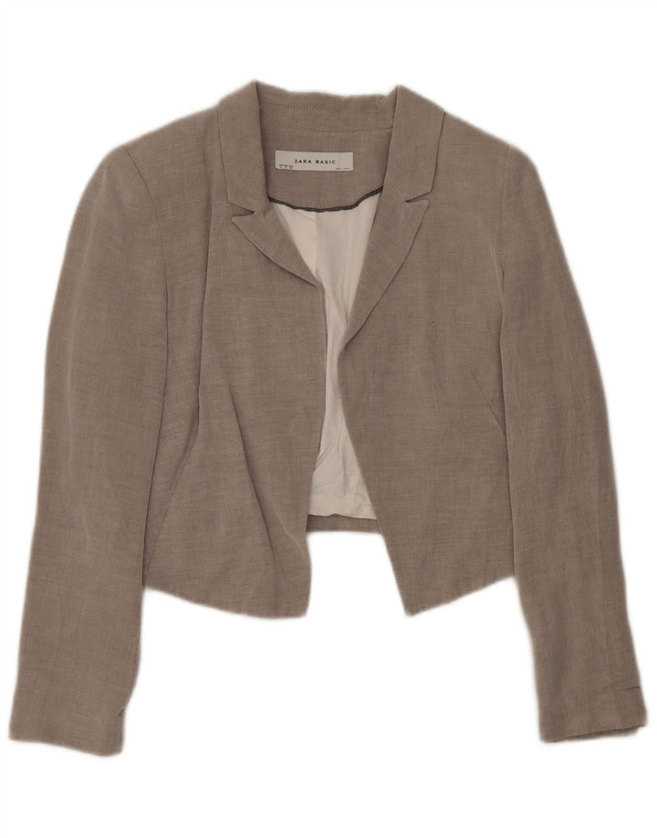 Zara Womens Open Crop Blazer Jacket UK 12 Coton Gris Moyen