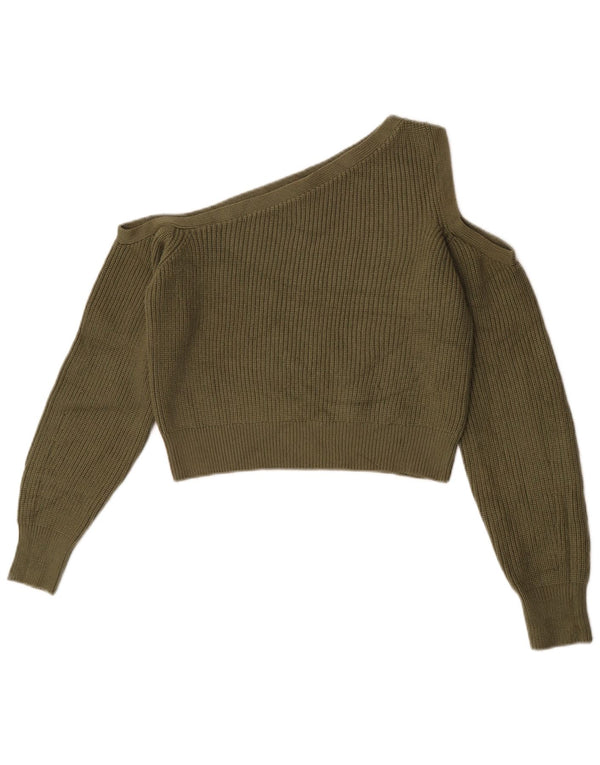 Zara Pull court à une épaule et col bateau pour femme UK 12 Kaki moyen