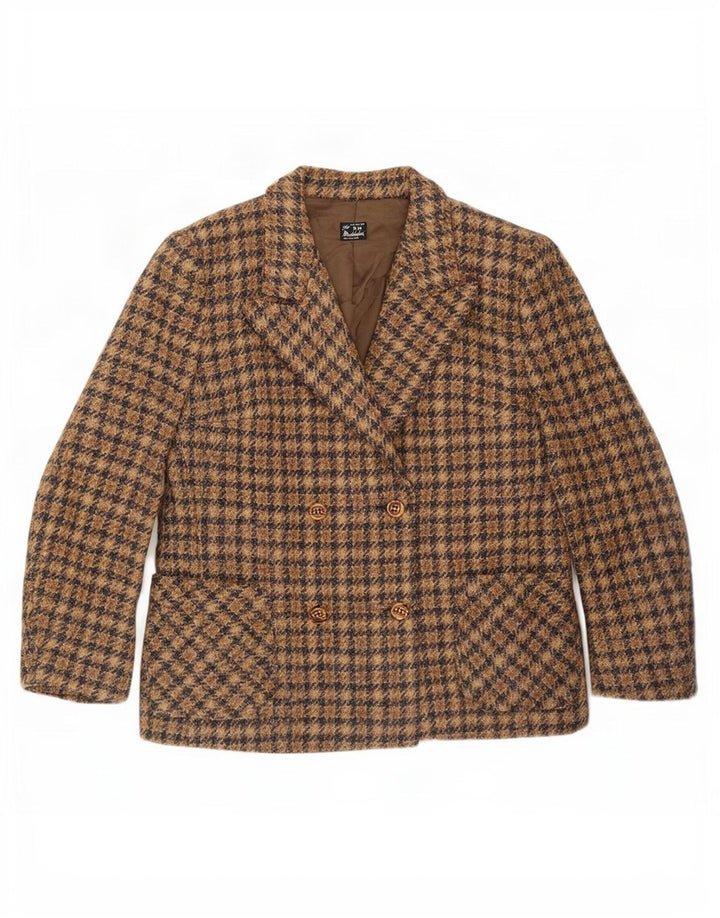 vintage Femme Double Breasted Blazer Veste UK 16 Grand Pied-de-poule Brun
