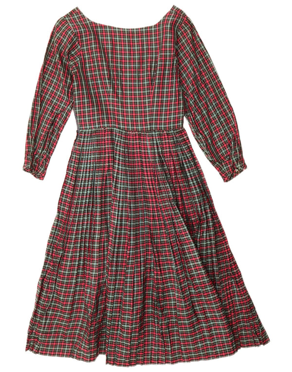 vintage Femmes Manches Longues Robe A-Line UK 8 Petit Carreau Rouge