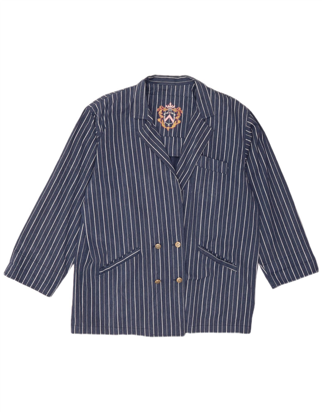 vintage Femmes Surdimensionné Longline Blazer Veste IT 44 Bleu Moyen Rayé