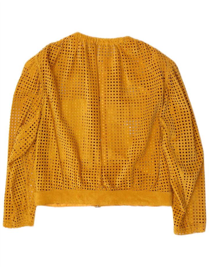 VINTAGE Femme Voir à travers la veste en daim UK 14 Cuir jaune moyen