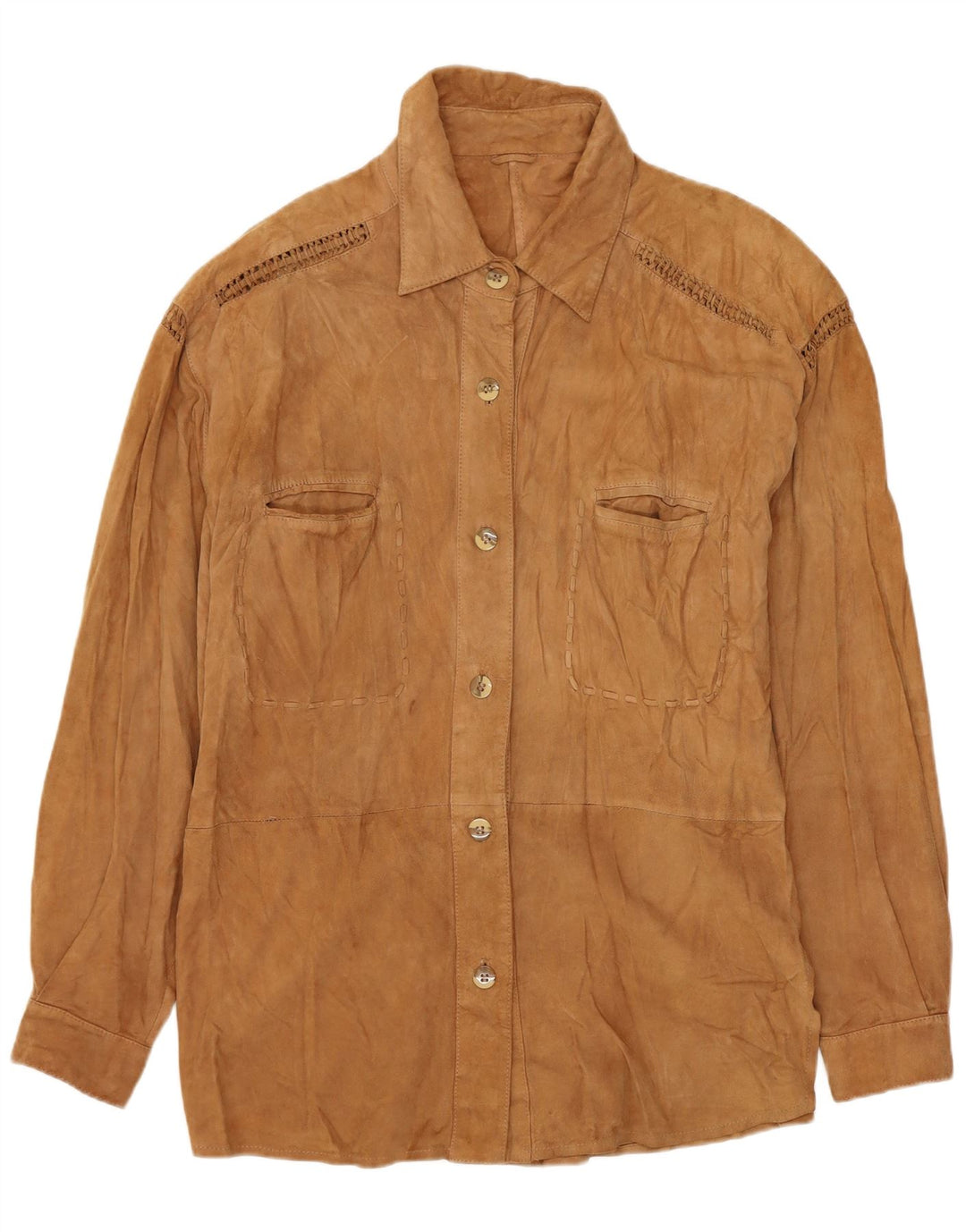 vintage Femme Surchemise Chemise En Daim UK 14 Cuir Beige Moyen