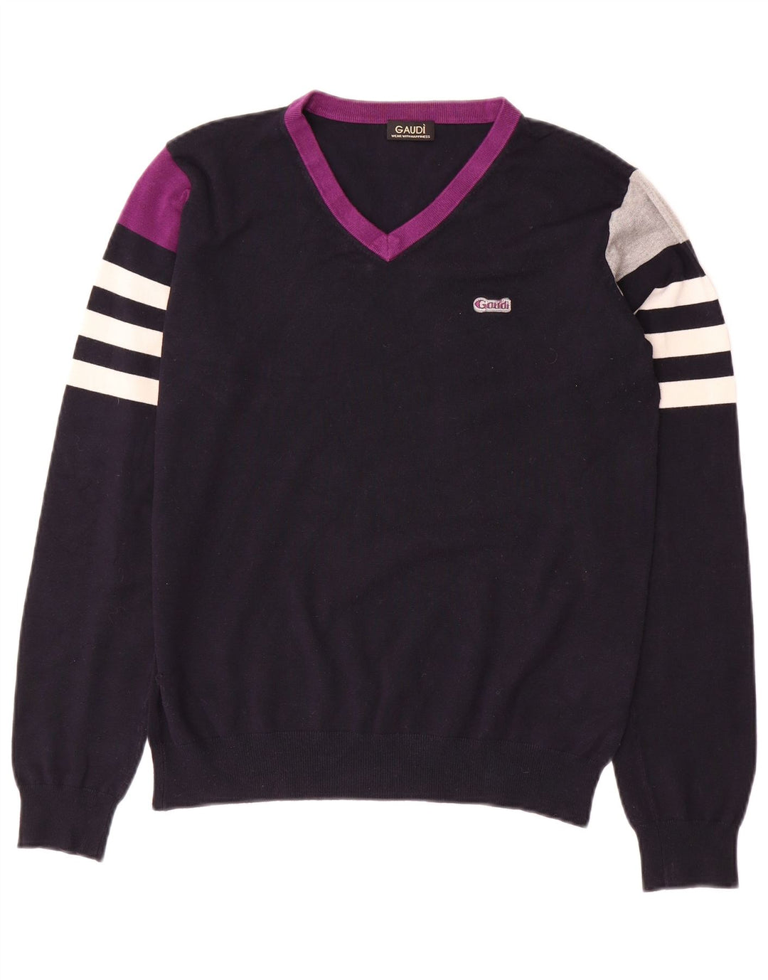 GAUDI Pull col V pour femme UK 14 Bleu marine moyen Colourblock