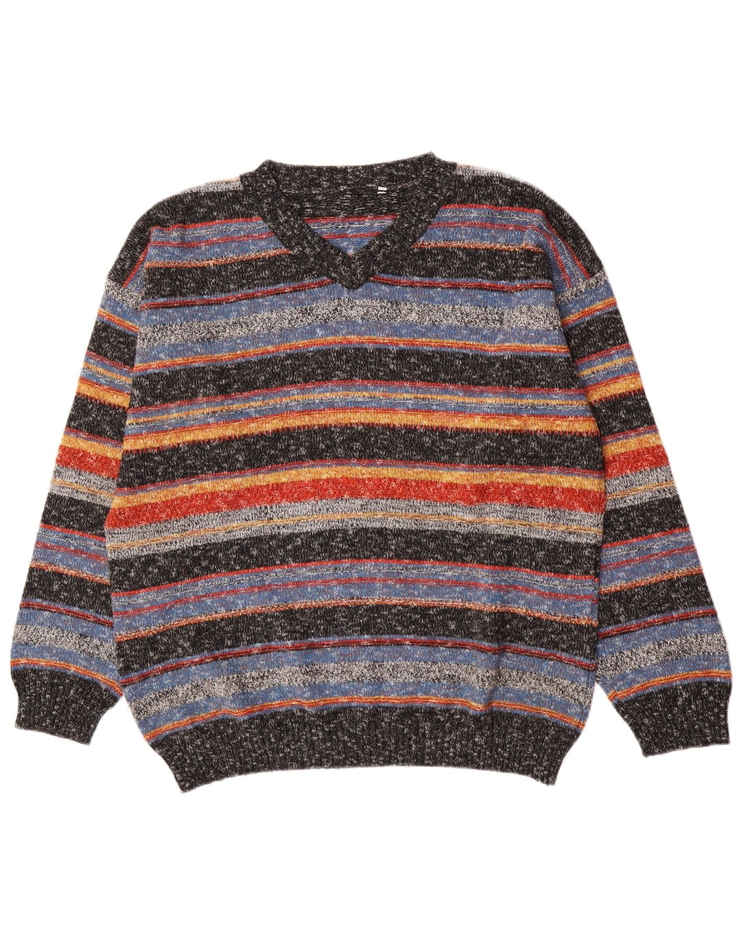 vintage Mens V-Col Jumper Pull Grand Acrylique Rayé Multicolore