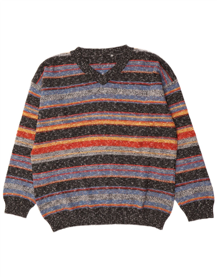 vintage Mens V-Col Jumper Pull Grand Acrylique Rayé Multicolore