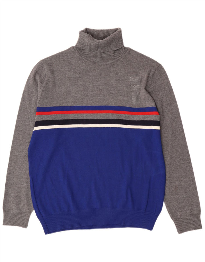 vintage Mens Roll Neck Jumper Pull XL Gris Colorblock Acrylique