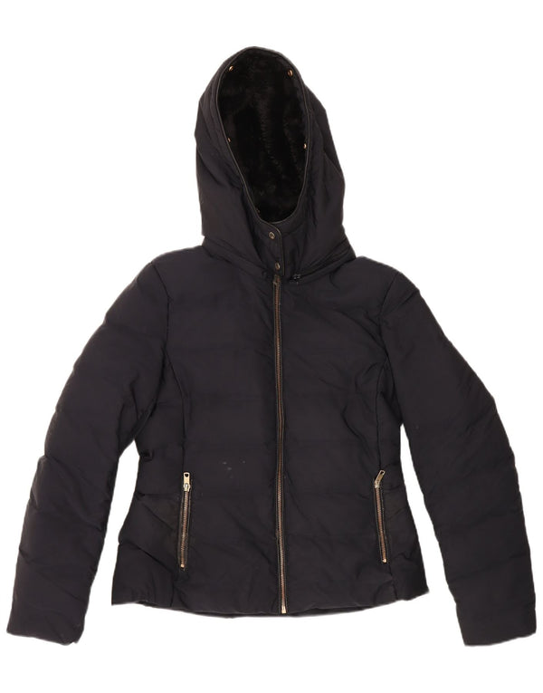Zara Veste matelassée Sherpa à capuche pour femme UK 16 Large Bleu marine Polyester