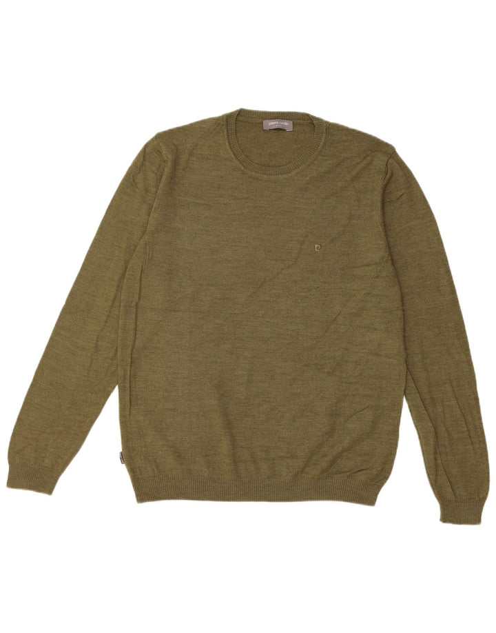 PIERRE CARDIN Pull pour hommes à col rond Taille M, Laine Kaki