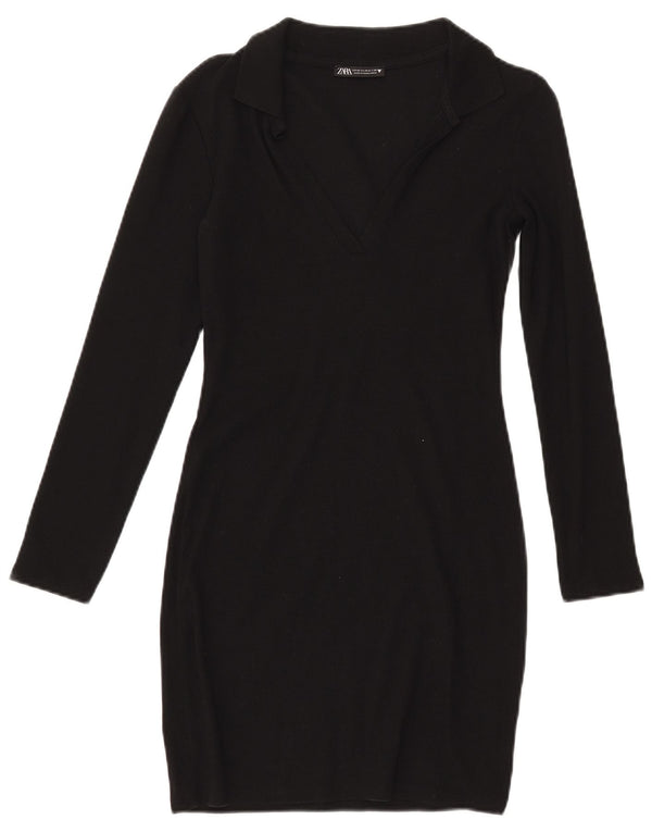 ZARA Robe polo à manches longues pour femme UK 12 en coton noir moyen