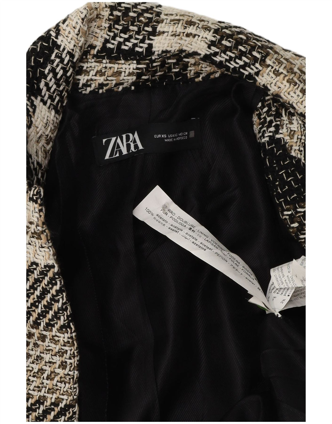Zara Femme Manteau Ouvert UK 6 XS Acétate À Carreaux Noir