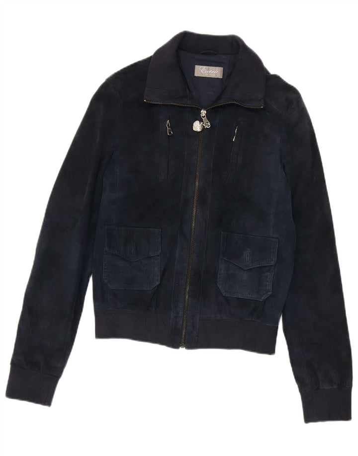 veste bomber en daim femme vintage UK 12 cuir bleu marine moyen