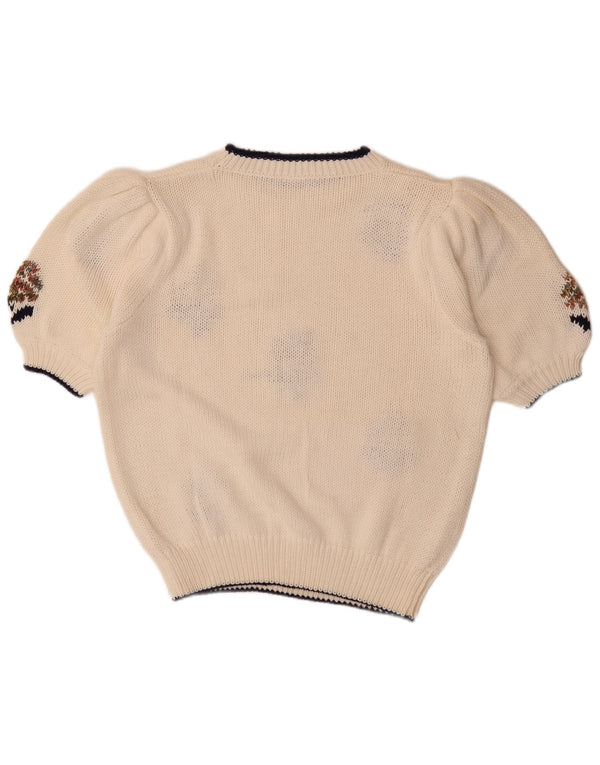 vintage Femmes Manches Courtes Crew Neck Jumper Pull UK 20 2XL Blanc Floral