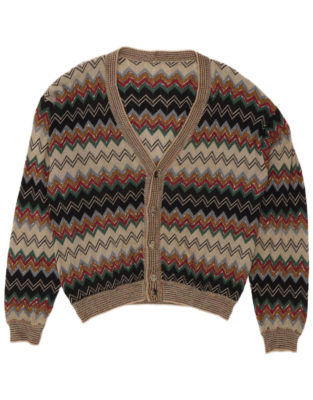 vintage Mens Cardigan Sweater IT 50 Moyen Multicolore Chevron Lin