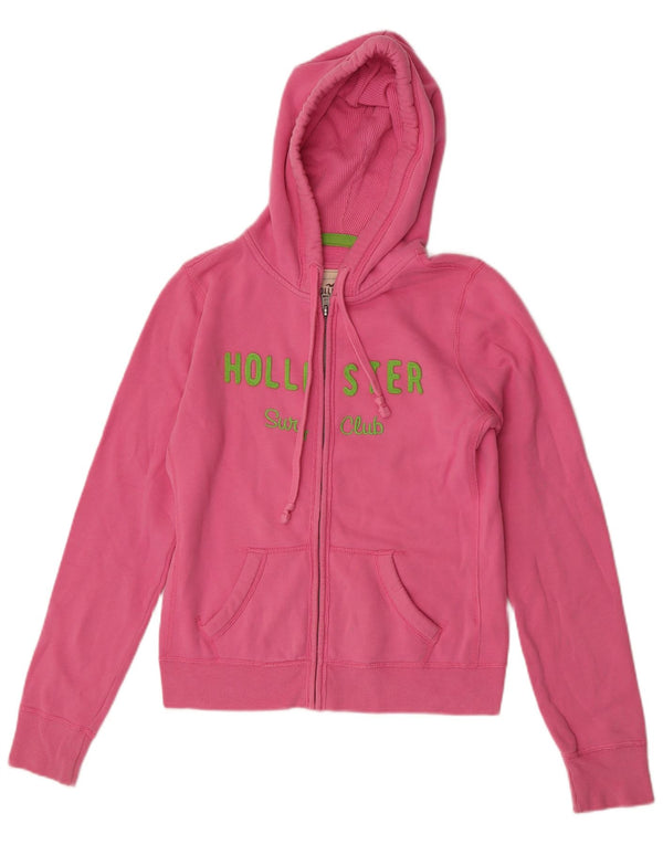 Hollister Womens Graphic Zip Hoodie Sweater UK 14 Medium Pink Cotton