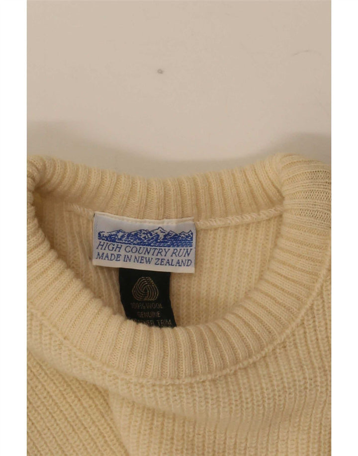 vintage Mens Crew Neck Jumper Pull Moyen Beige Colourblock Laine