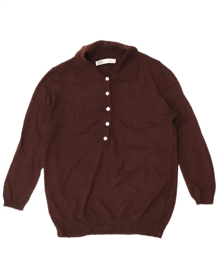 Zara Pull à col polo pour femme UK 12 Marron moyen Polyester