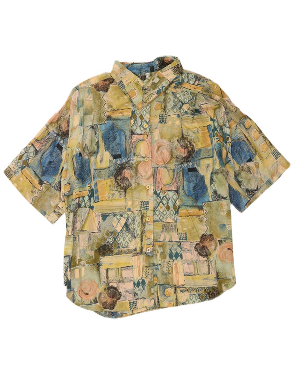 Chemise à manches courtes femme vintage UK 18 XL Vert Patchwork Viscose