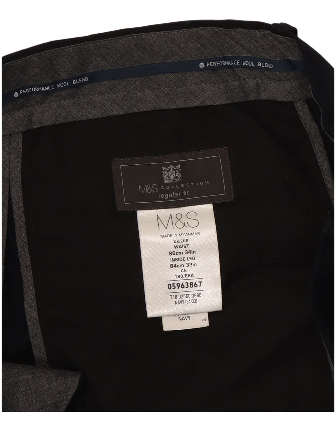Marks & Spencer Pantalon de costume coupe classique pour homme W34 L33 Bleu marine